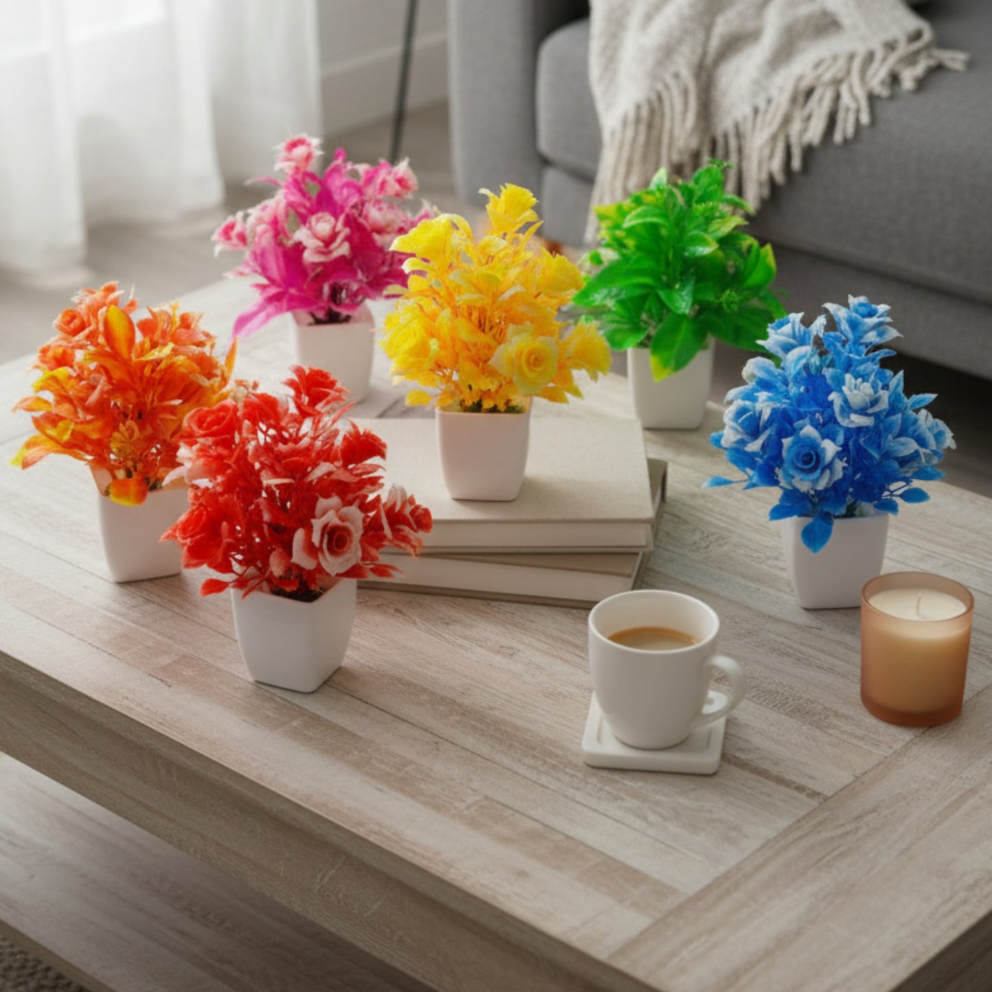 Vibrant Artificial Flower Pots – Set of 6 Colorful Decorative Plants